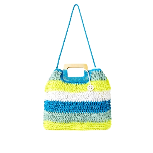 C. Wonder Handbags - C. Wonder Lexi Striped Straw Tote Bag Natural, Aqua